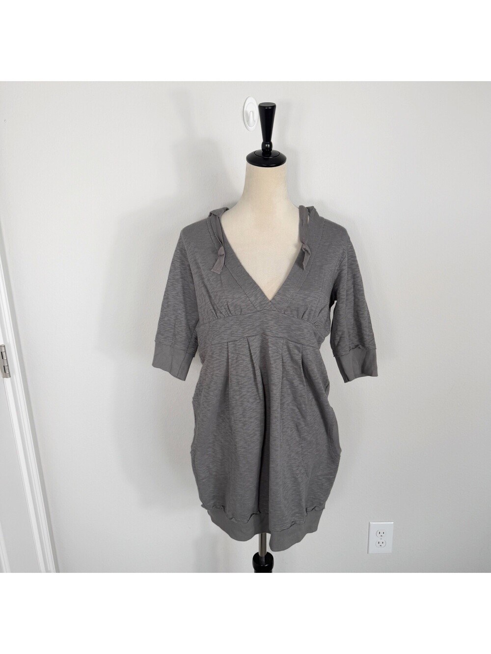 Vintage Y2K Longline Hoodie Sweater Top V Neck Tunic Size Large Gray Coquette